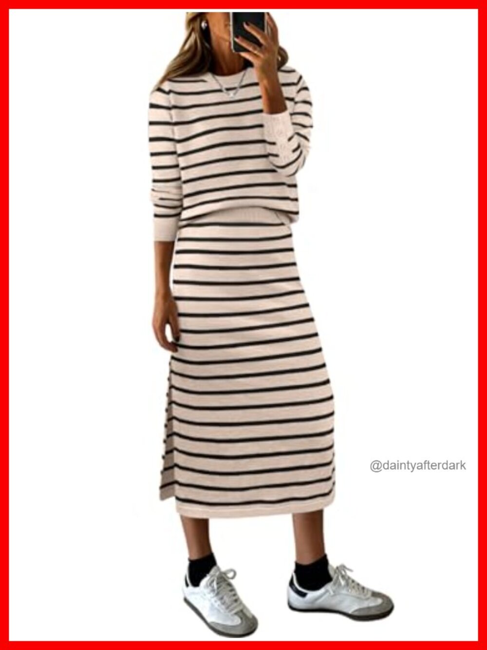 Women 2 Piece Striped Sweater Skirt Set Long Sleeve Midi Loose Fit